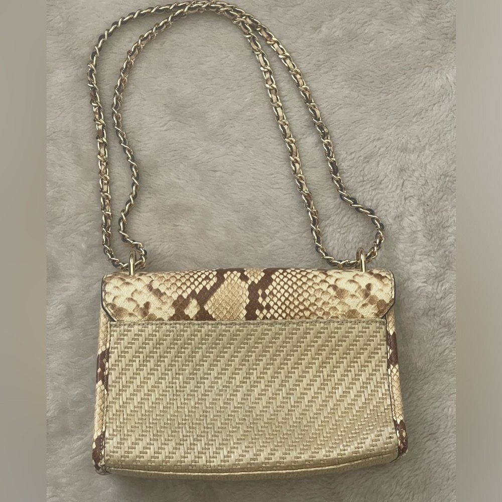 Michael Kors Beige Brown Snake-Print Woven Crossbody with Gold Chain - Picture 4 of 14